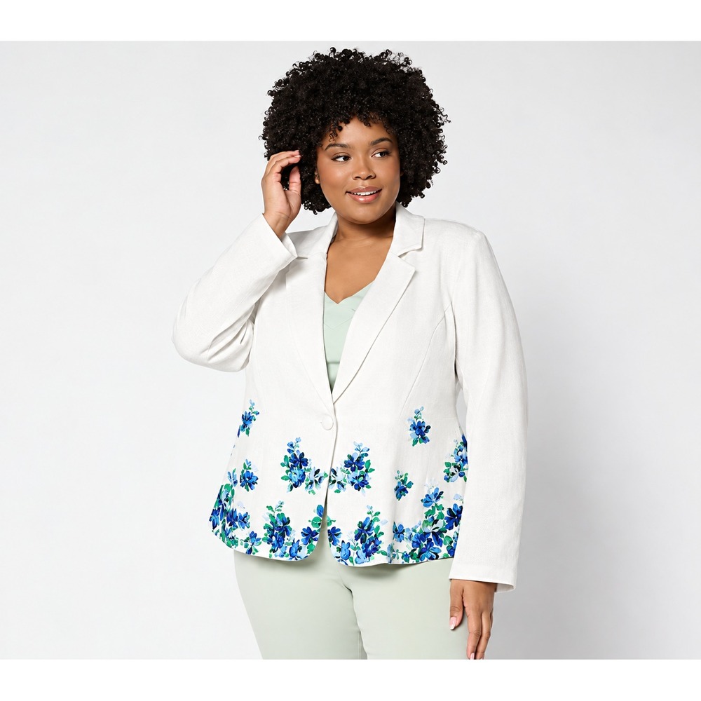 Isaac Mizrahi Live! Linen Blend Border Print Single Breasted Blazer White, 4X